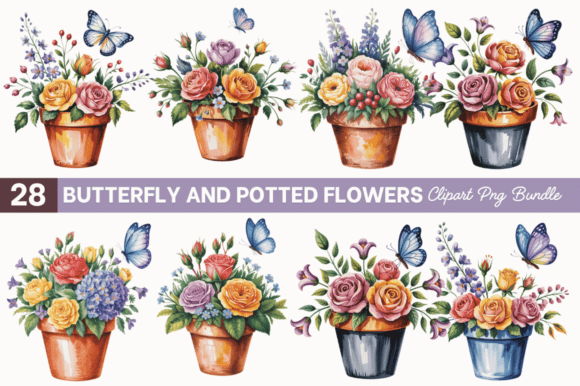 Download Butterfly and Potted Flowers Clipart PNG - Potted flowers Collection