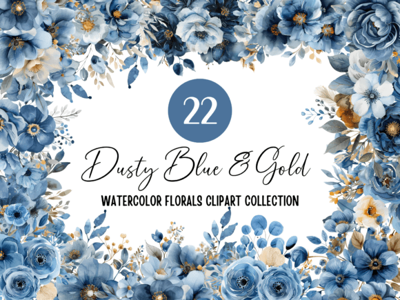 Download Dusty Blue and Gold Floral Clipart PNG - Floral clipart Collection