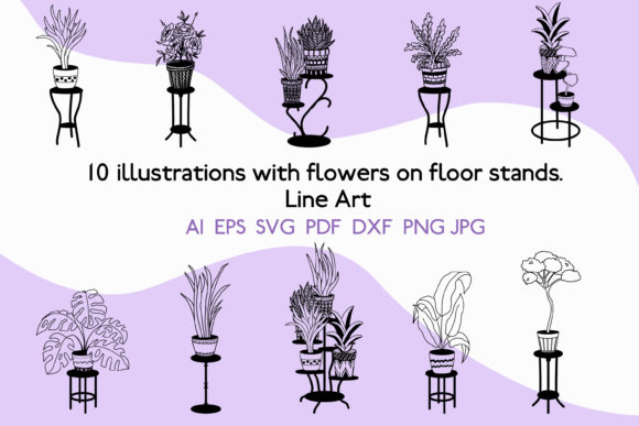 Download Potted Flowers on a Stand. Line Art - Potted flowers Collection